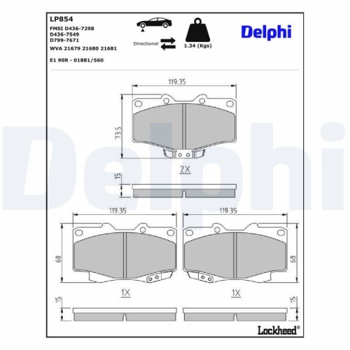 DELPHI LP854 Bremsbelagsatz, Scheibenbremse f&uuml;r TOYOTA VW, Vorderachse
