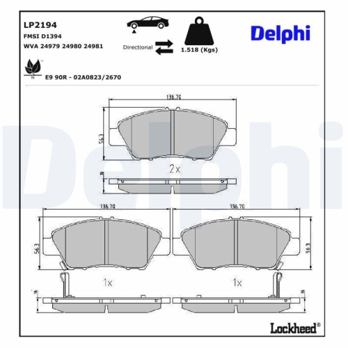 DELPHI LP2194 Bremsbelagsatz, Scheibenbremse f&uuml;r HONDA HONDA (GAC), Vorderachse
