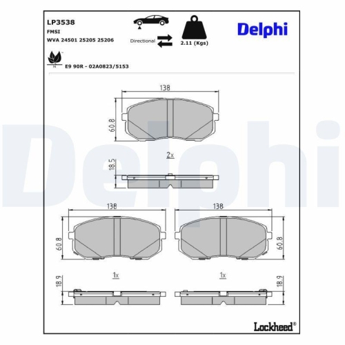 DELPHI LP3538 Bremsbelagsatz, Scheibenbremse f&uuml;r HYUNDAI KIA, Vorderachse