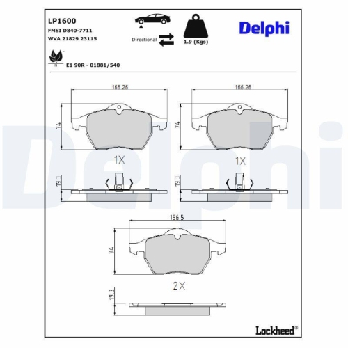DELPHI LP1600 Bremsbelagsatz, Scheibenbremse f&uuml;r OPEL SAAB VAUXHALL, Vorderachse