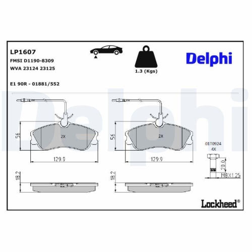 DELPHI LP1607 Bremsbelagsatz, Scheibenbremse f&uuml;r CITRO&Euml;N PEUGEOT, Vorderachse