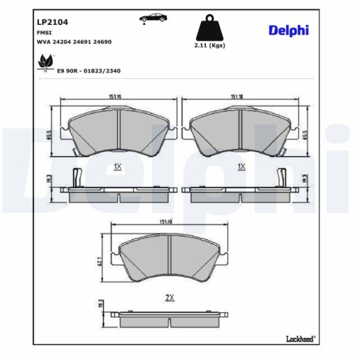 DELPHI LP2104 Bremsbelagsatz, Scheibenbremse f&uuml;r TOYOTA, Vorderachse