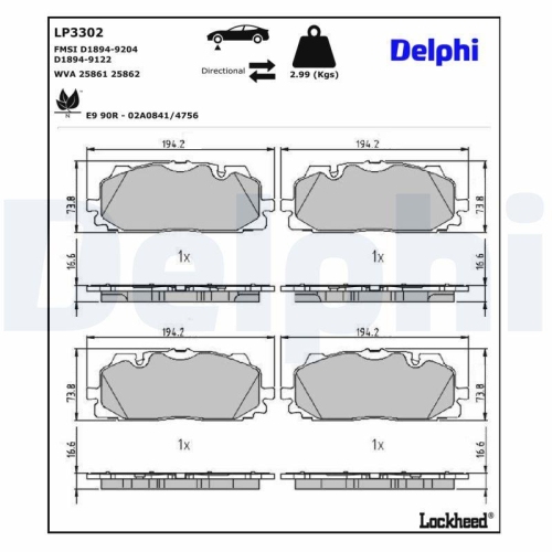 DELPHI LP3302 Bremsbelagsatz, Scheibenbremse f&uuml;r AUDI VW CUPRA, Hinterachse