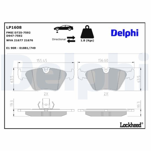 DELPHI LP1608 Bremsbelagsatz, Scheibenbremse f&uuml;r BMW, Vorderachse