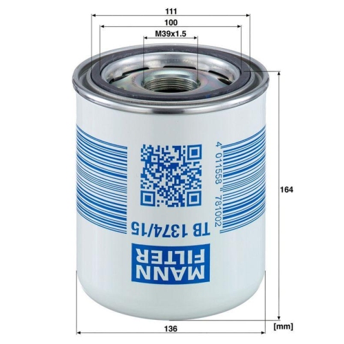 Lufttrocknerpatrone, Druckluftanlage MANN-FILTER TB 1374/15 x f&uuml;r DAF FORD IVECO