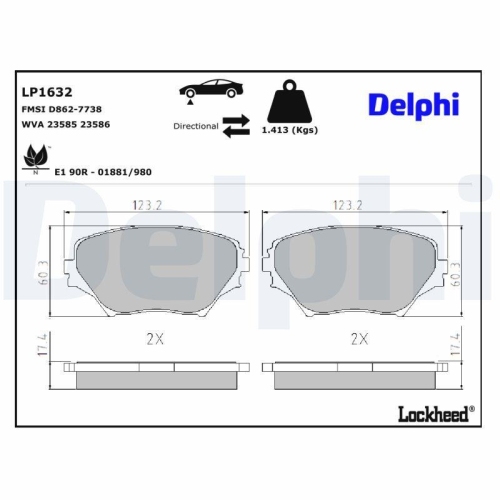 DELPHI LP1632 Bremsbelagsatz, Scheibenbremse f&uuml;r TOYOTA, Vorderachse