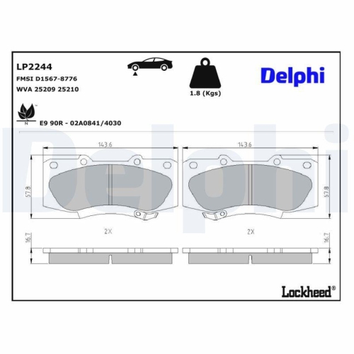 DELPHI LP2244 Bremsbelagsatz, Scheibenbremse f&uuml;r TOYOTA, Vorderachse