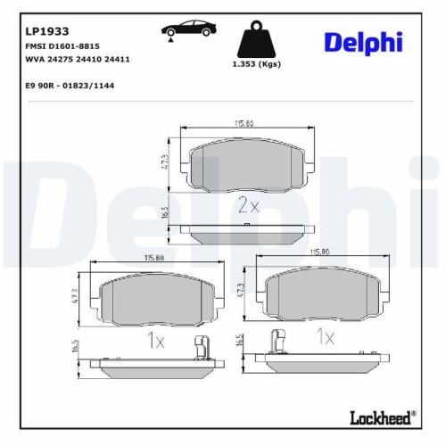 DELPHI LP1933 Bremsbelagsatz, Scheibenbremse f&uuml;r HYUNDAI KIA, Vorderachse