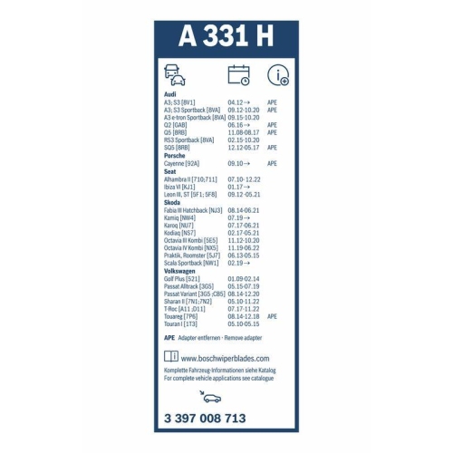 Wischblatt BOSCH 3 397 008 713 Rear Aerotwin für SEAT VW, hinten