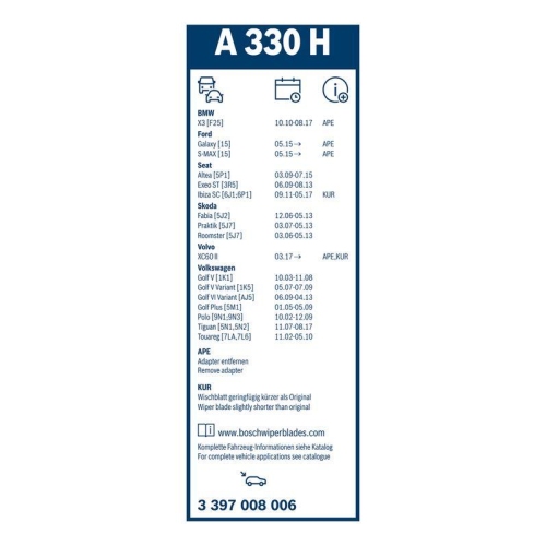 Wischblatt BOSCH 3 397 008 006 Rear Aerotwin für SKODA VW, hinten
