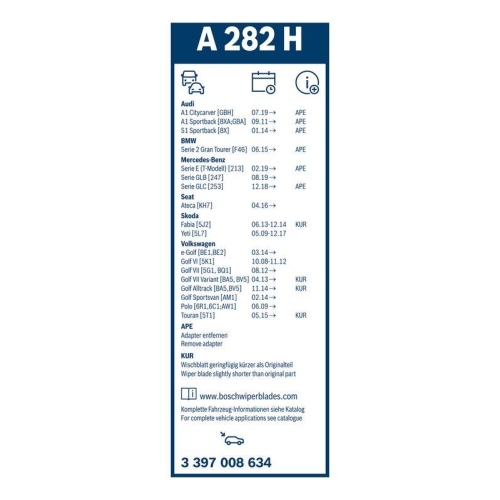 Wischblatt BOSCH 3 397 008 634 Rear Aerotwin für VW, hinten