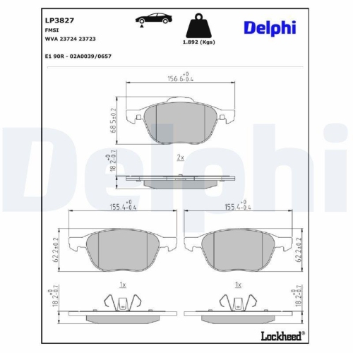DELPHI LP3827 Bremsbelagsatz, Scheibenbremse f&uuml;r FORD, Vorderachse