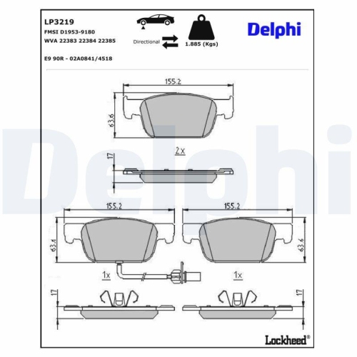 DELPHI LP3219 Bremsbelagsatz, Scheibenbremse f&uuml;r AUDI VW, Vorderachse