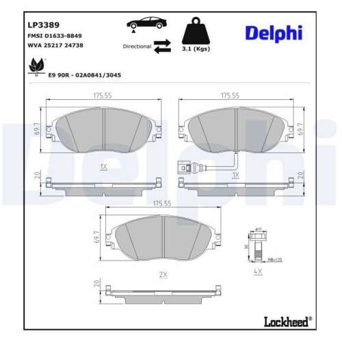 DELPHI LP3389 Bremsbelagsatz, Scheibenbremse f&uuml;r AUDI SEAT SKODA VW VW (SVW)