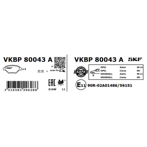 Bremsbelagsatz, Scheibenbremse SKF VKBP 80043 A f&uuml;r OPEL VAUXHALL CHEVROLET