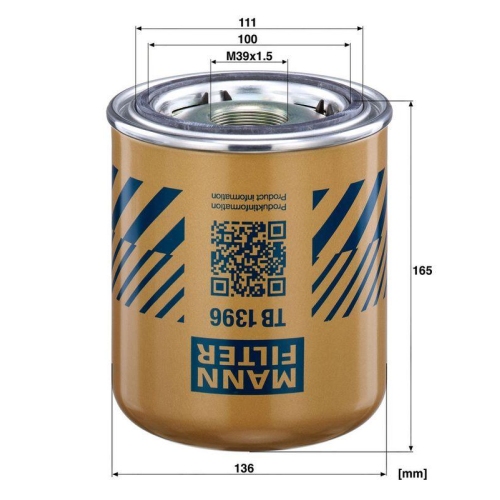 MANN-FILTER TB 1396 x Lufttrocknerpatrone, Druckluftanlage f&uuml;r DAF IVECO SCANIA