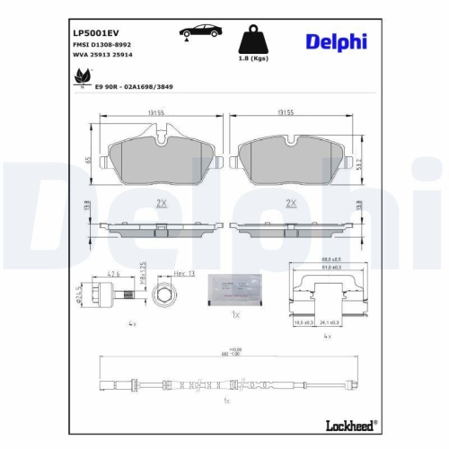 DELPHI LP5001EV Bremsbelagsatz, Scheibenbremse f&uuml;r BMW, Vorderachse