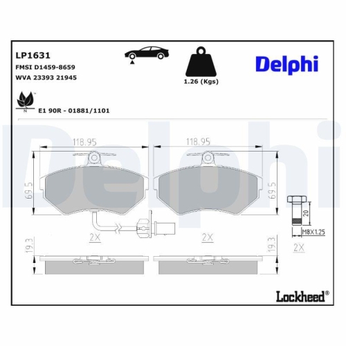 DELPHI LP1631 Bremsbelagsatz, Scheibenbremse f&uuml;r AUDI SEAT VW, Vorderachse
