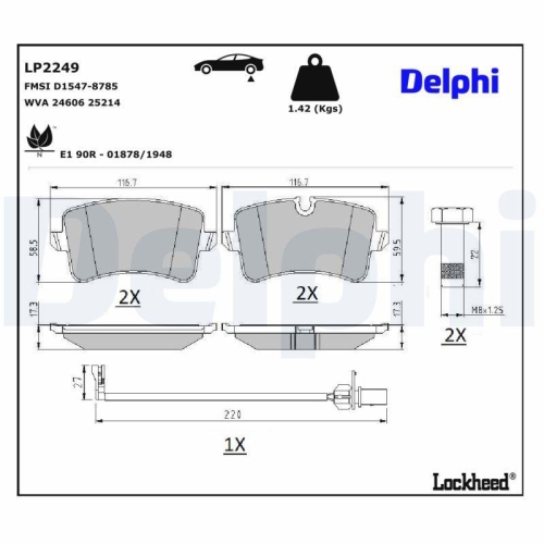 DELPHI LP2249 Bremsbelagsatz, Scheibenbremse f&uuml;r AUDI PORSCHE VW, Hinterachse