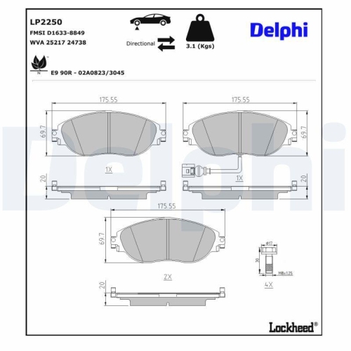DELPHI LP2250 Bremsbelagsatz, Scheibenbremse f&uuml;r SEAT SKODA VW, Vorderachse