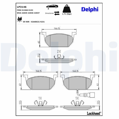DELPHI LP3146 Bremsbelagsatz, Scheibenbremse f&uuml;r AUDI SEAT SKODA VW, Vorderachse