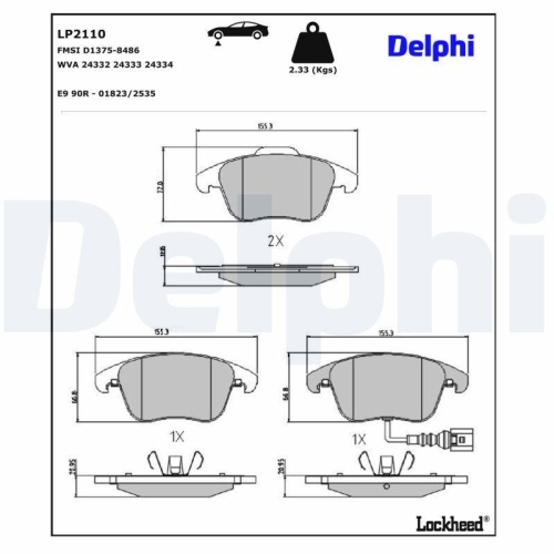 DELPHI LP2110 Bremsbelagsatz, Scheibenbremse f&uuml;r AUDI SEAT SKODA VW VW (SVW)